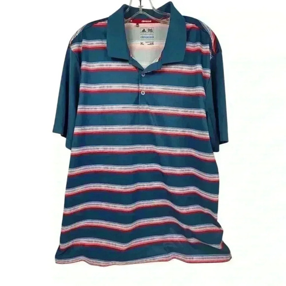 Adidas Men's XL Red White and Blue Striped Polo Shirt Golf Casual Short Sleeve - Picture 1 of 8